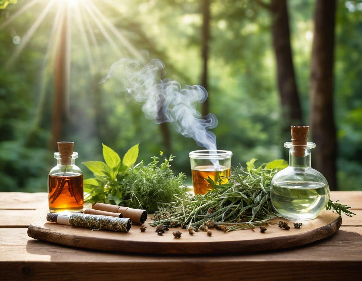 A serene, calming scene featuring a wooden table with various herbal smoking alternatives such as herbal rolls, dried herbs, and a sleek glass water pipe. In the background, a soft-focus image of a lush green forest, symbolizing natural options over vaping. Sunlight filtering through leaves adds warmth to the image, inviting tranquility and healthy choices. super-realistic. vibrant colors. natural light.