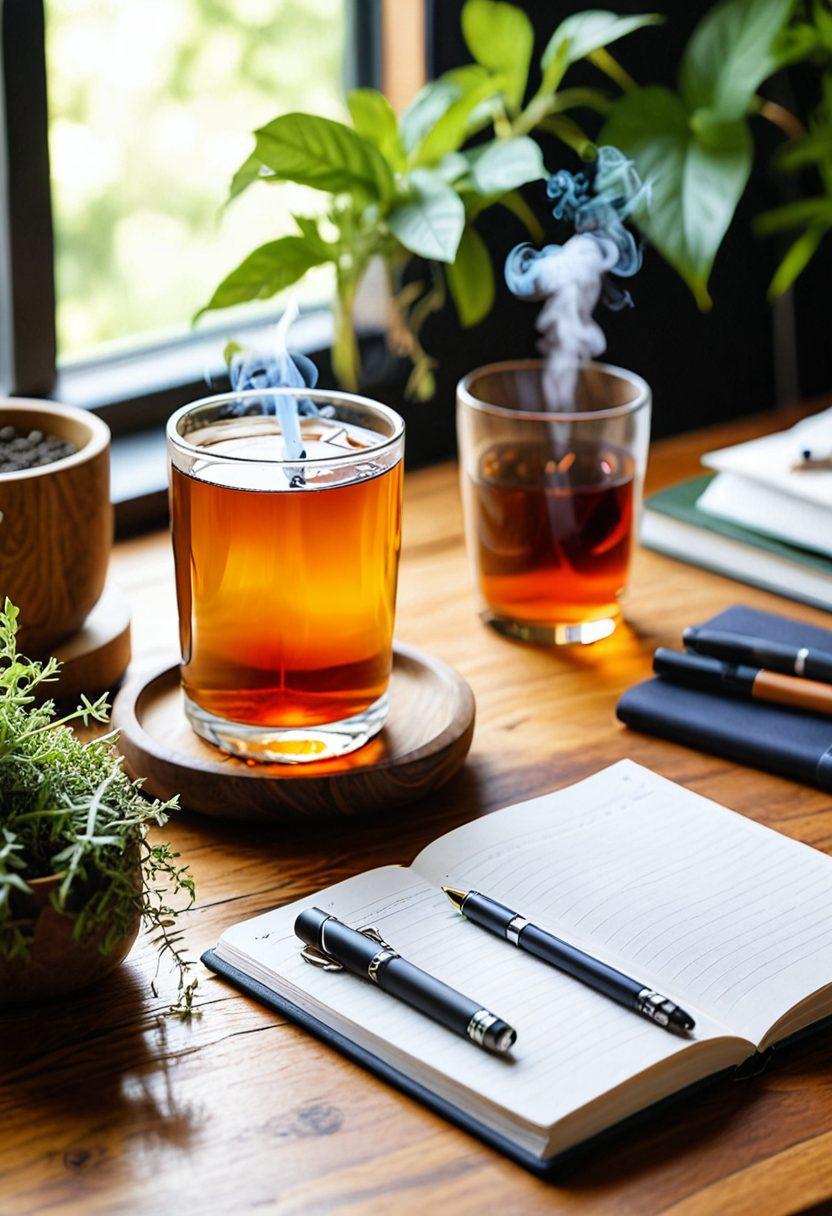 A stylish, modern setting showcasing a variety of innovative tobacco alternatives like herbal blends, plant-based materials, and vaping devices, arranged aesthetically on a wooden table. The background features lush greenery to symbolize healthier choices, with soft natural lighting enhancing the warm atmosphere. Include an open notebook and a steaming cup of herbal tea, blending elements of relaxation and self-care. super-realistic. vibrant colors. warm lighting.