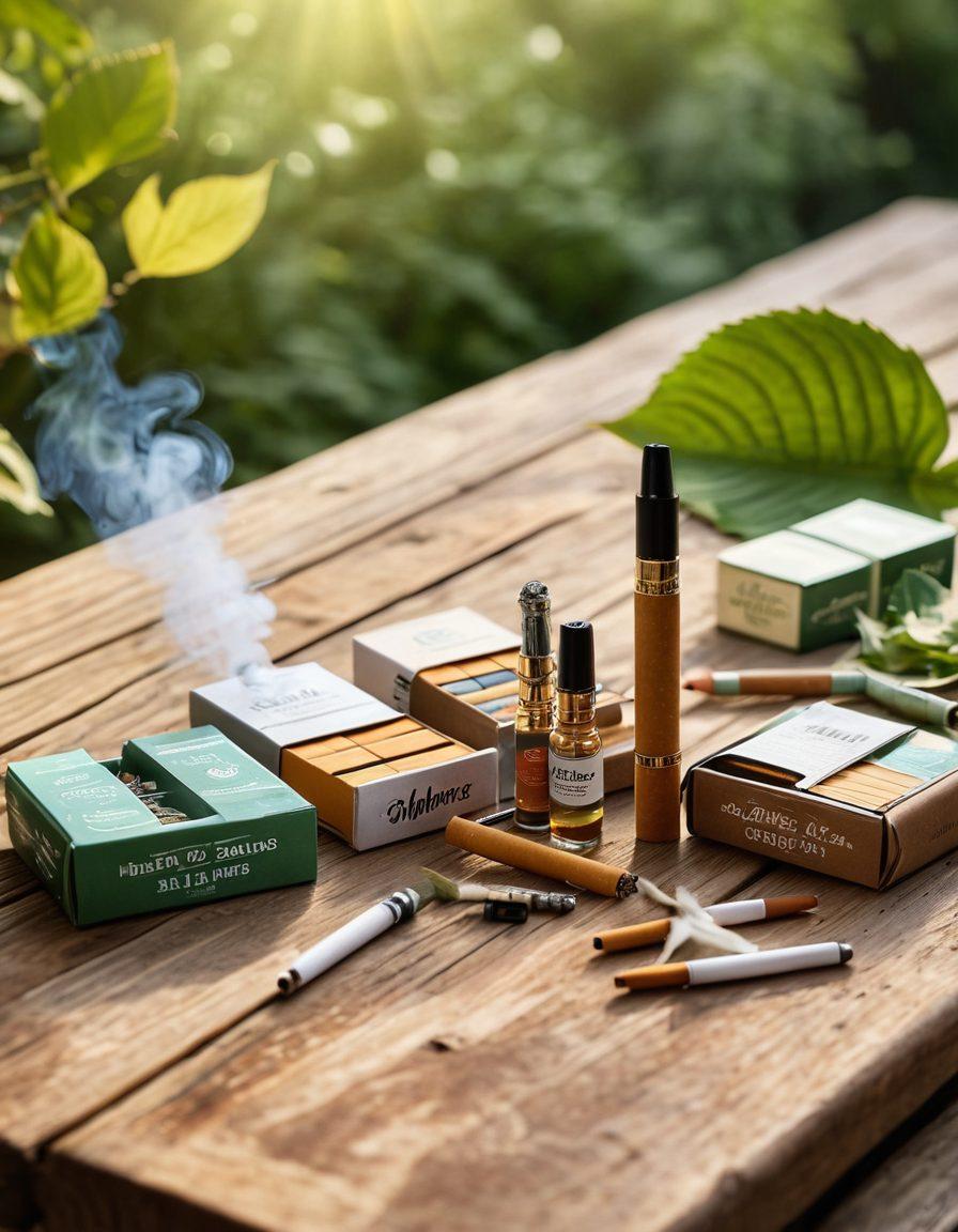 A vibrant, inviting display of various cigarette alternatives like herbal cigarettes, vape pens, and nicotine-free options arranged artistically on a wooden table, with a soft-focus background of a peaceful outdoor setting. Sunlight streaming through leaves casts gentle shadows, creating a relaxing atmosphere. Include subtle hints of smoke swirls to evoke a sense of calm and choice. super-realistic. vibrant colors. natural lighting.